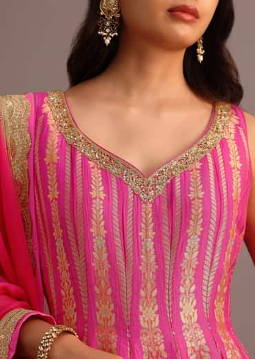 Pink Embroidered Kurti Palazzo With Organza Dupatta