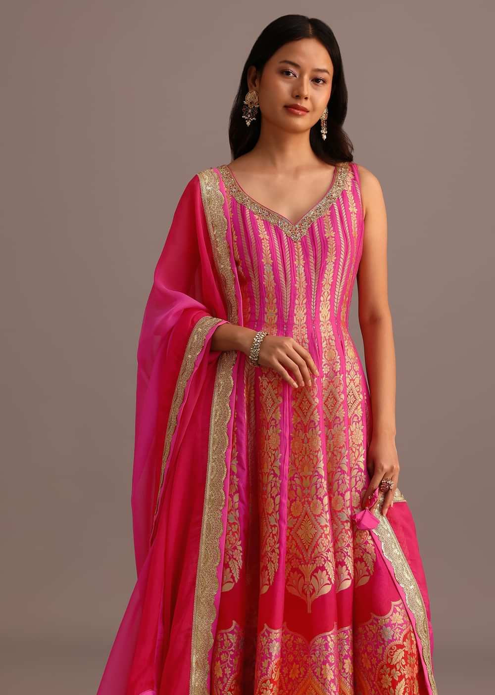 Pink Embroidered Kurti Palazzo With Organza Dupatta