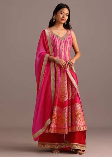 Pink Embroidered Kurti Palazzo With Organza Dupatta