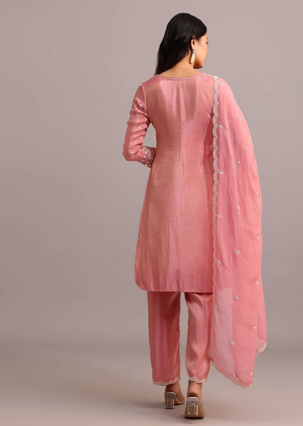 Pink Embroidered Kurti Set With Butti Work On Organza Dupatta