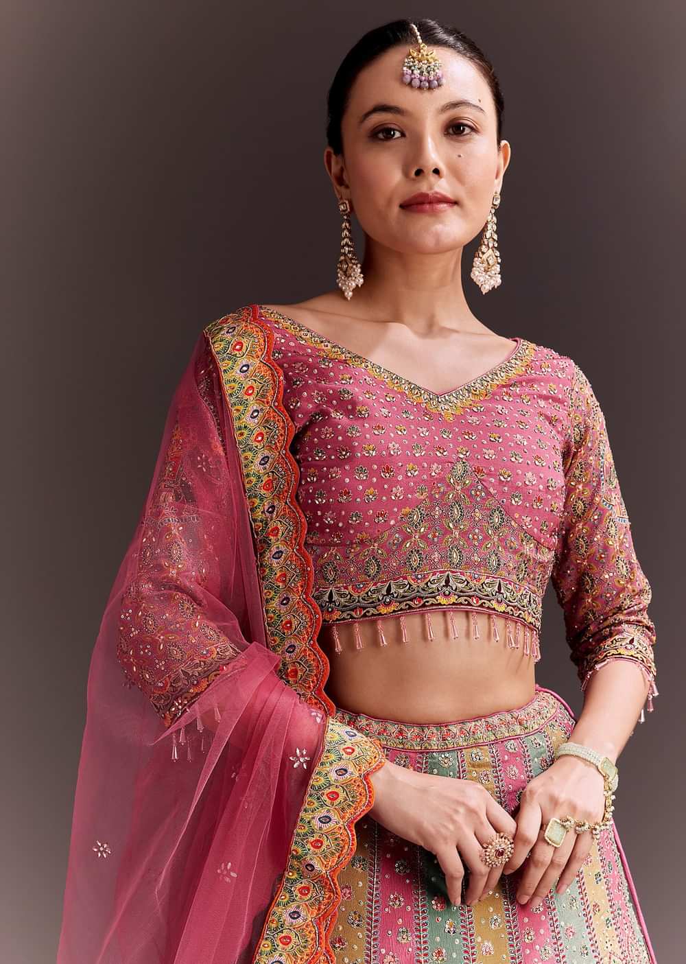 Pink Embroidered Lehenga Set With Net dupatta