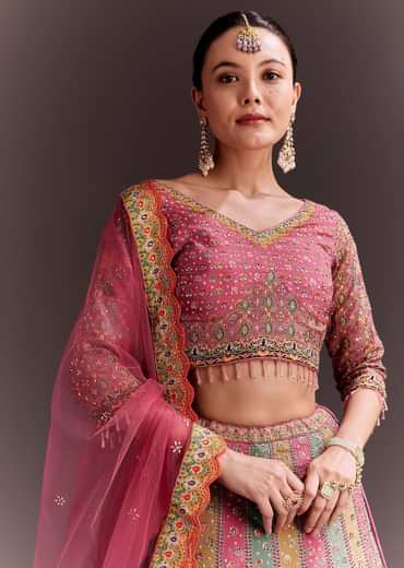 Pink Embroidered Lehenga Set With Net dupatta