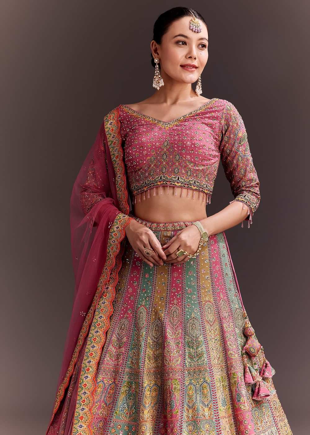Pink Embroidered Lehenga Set With Net dupatta
