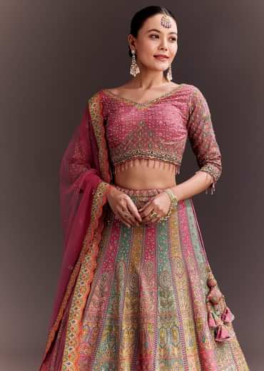 Pink Embroidered Lehenga Set With Net dupatta