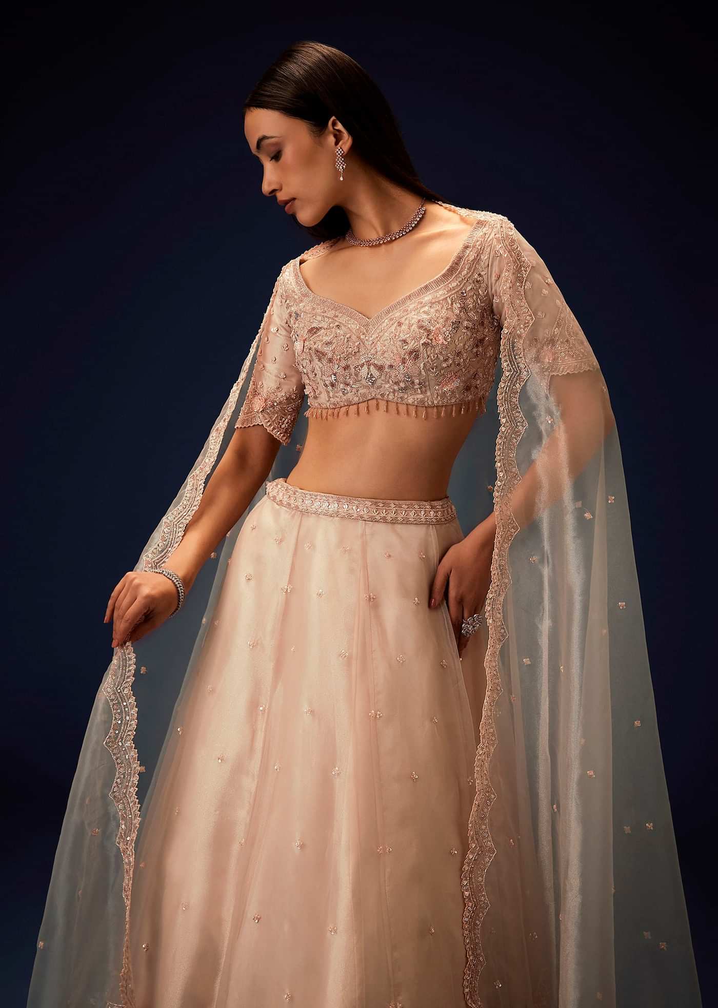 Pink Organza 8 Kali Lehenga With Embroidered Blouse and Cutwork Dupatta