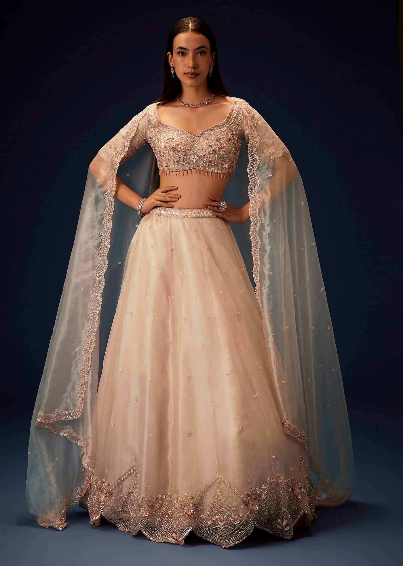 Pink Organza 8 Kali Lehenga With Embroidered Blouse and Cutwork Dupatta