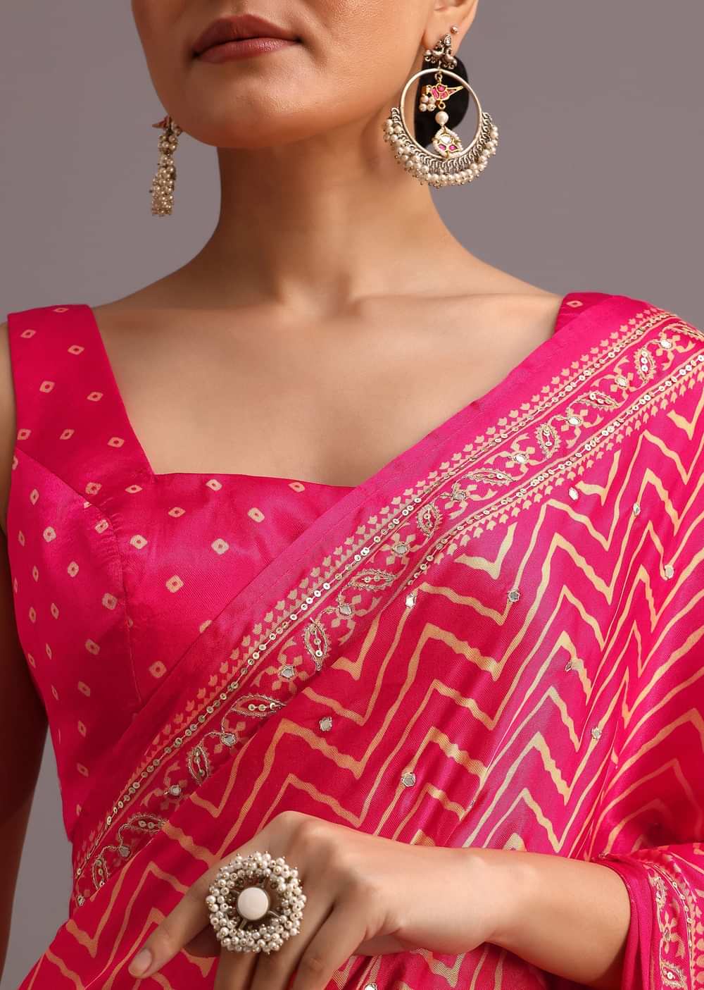 Pink Embroidered Satin Ajrakh Block Print Saree With Mirror Work