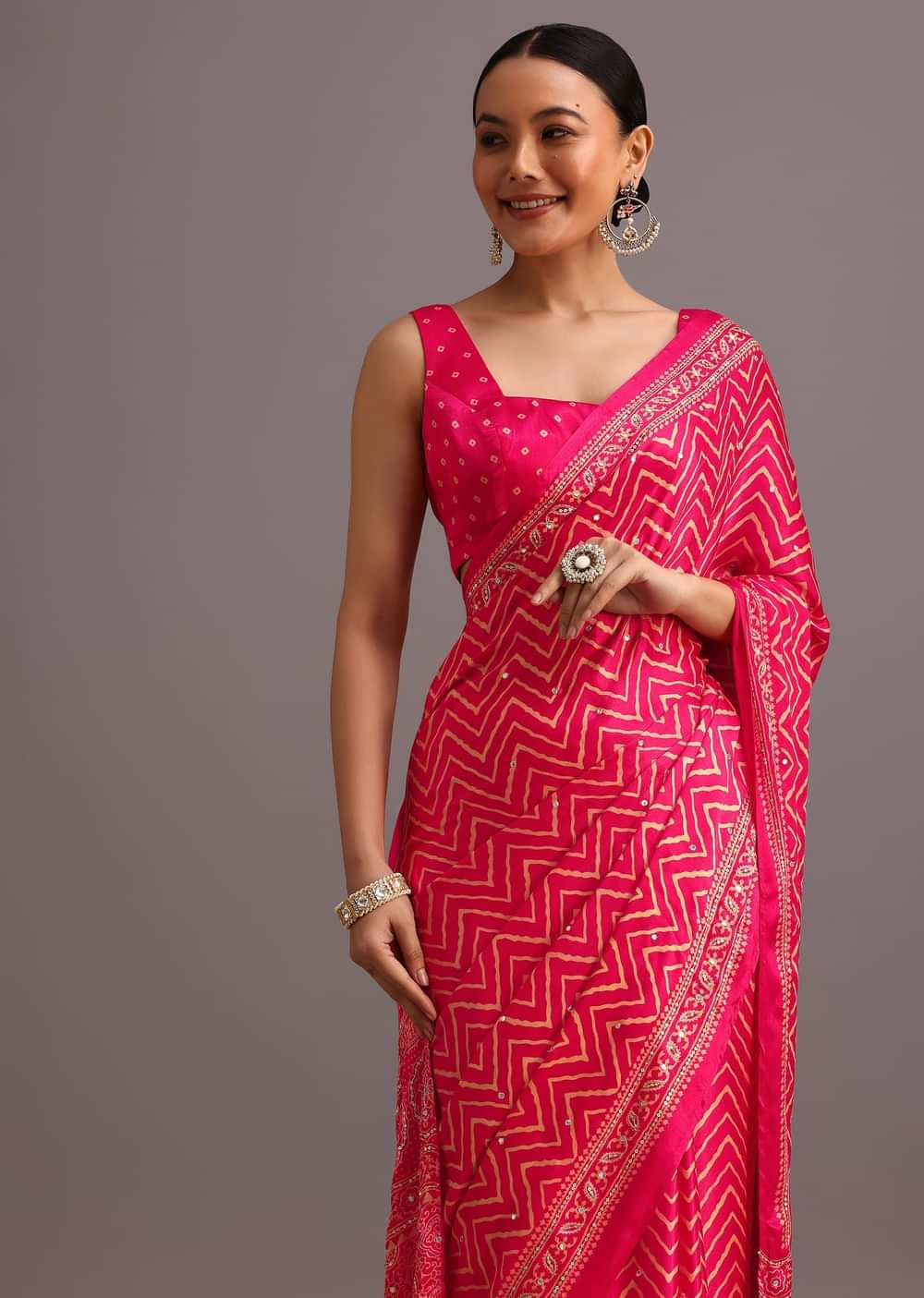 Pink Embroidered Satin Ajrakh Block Print Saree With Mirror Work