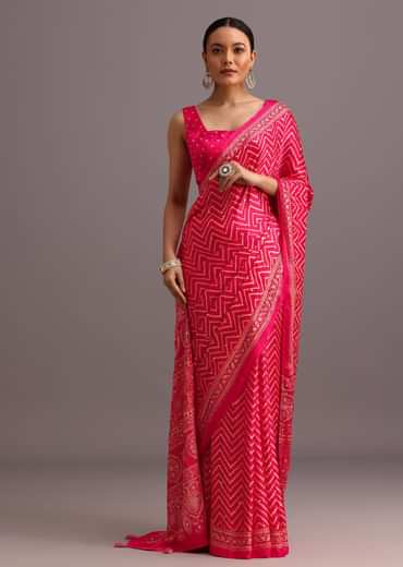 Pink Embroidered Satin Ajrakh Block Print Saree With Mirror Work