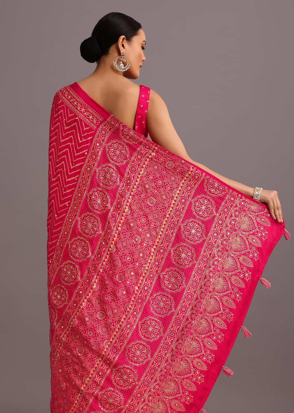 Pink Embroidered Satin Ajrakh Block Print Saree With Mirror Work
