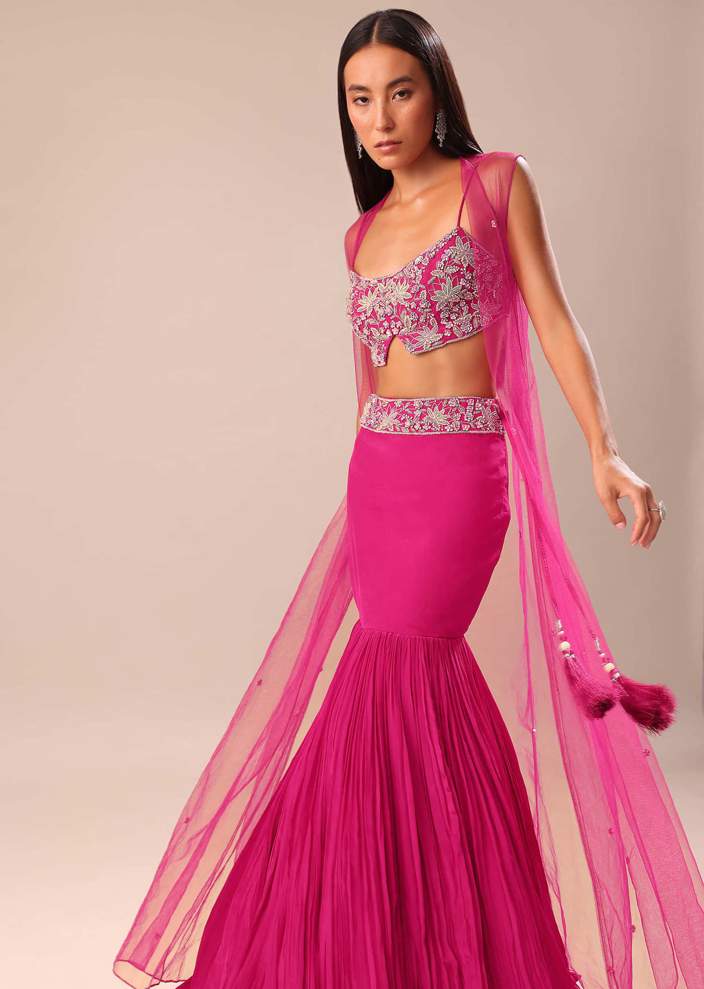 Pink Fishcut Skirt With Hand Embroidered Blouse And Jacket