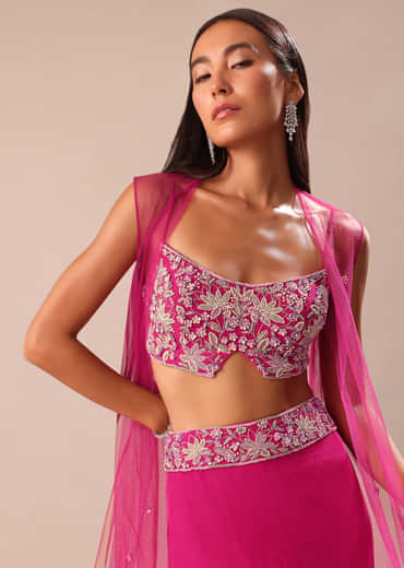 Pink Fishcut Skirt With Hand Embroidered Blouse And Jacket