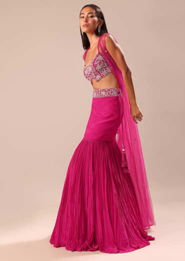 Pink Fishcut Skirt With Hand Embroidered Blouse And Jacket