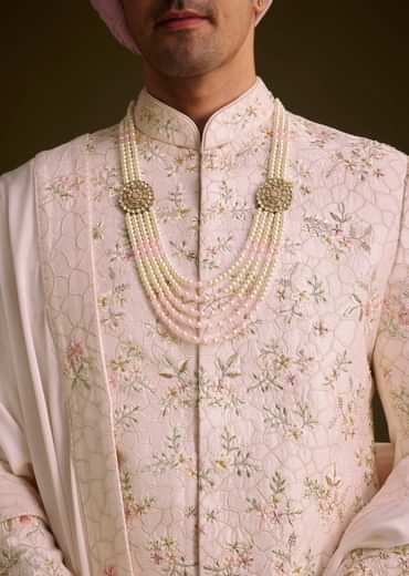 Pink Floral Embroidered Sherwani With Pearl Detailing
