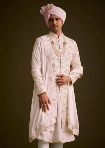 Pink Floral Embroidered Sherwani With Pearl Detailing