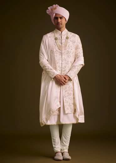Pink Floral Embroidered Sherwani With Pearl Detailing