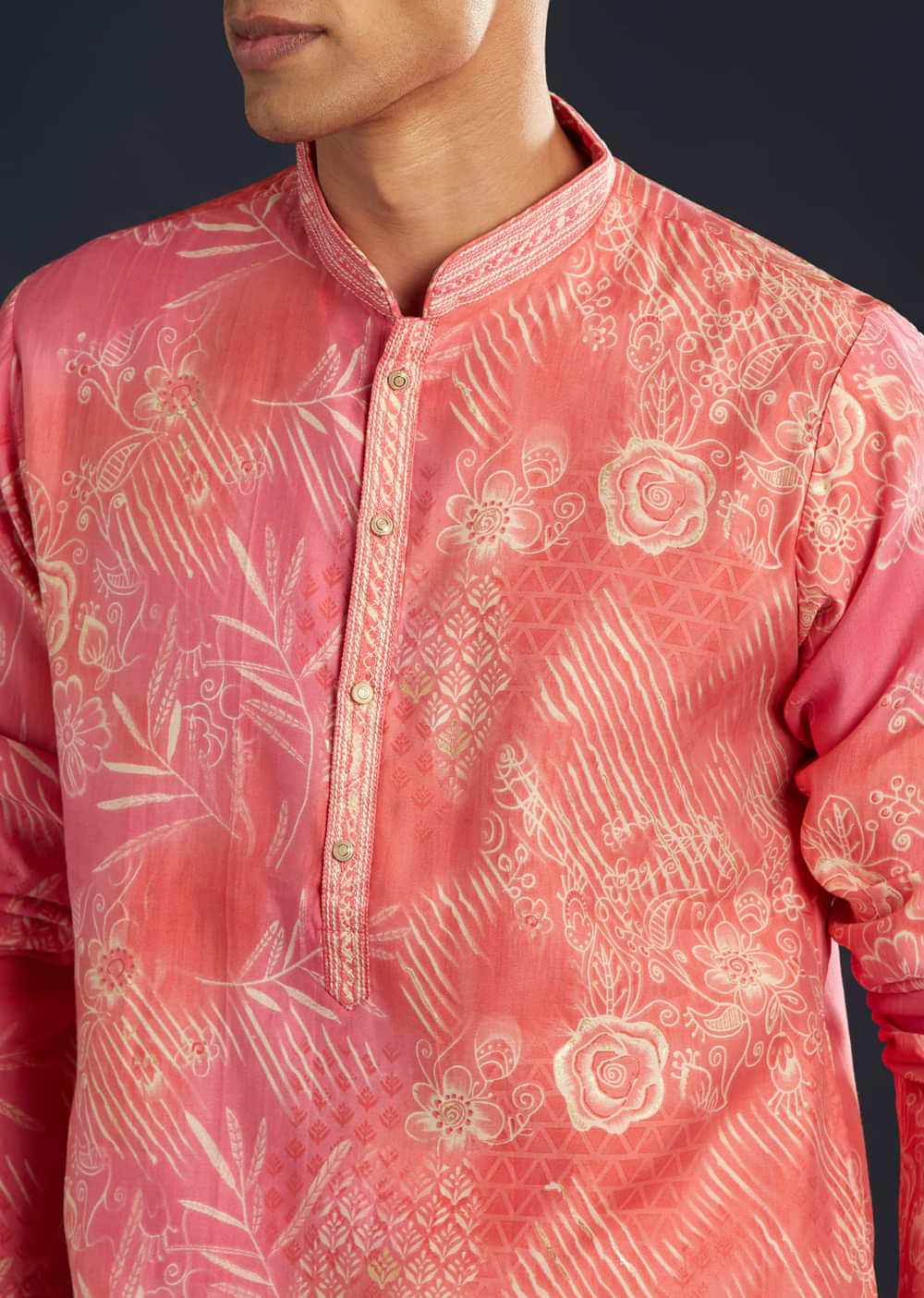 Pink Floral Print Art Silk Kurta and Pant Set