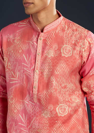 Pink Floral Print Art Silk Kurta and Pant Set