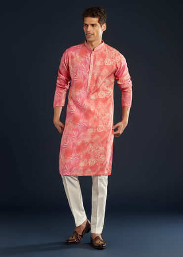 Pink Floral Print Art Silk Kurta and Pant Set