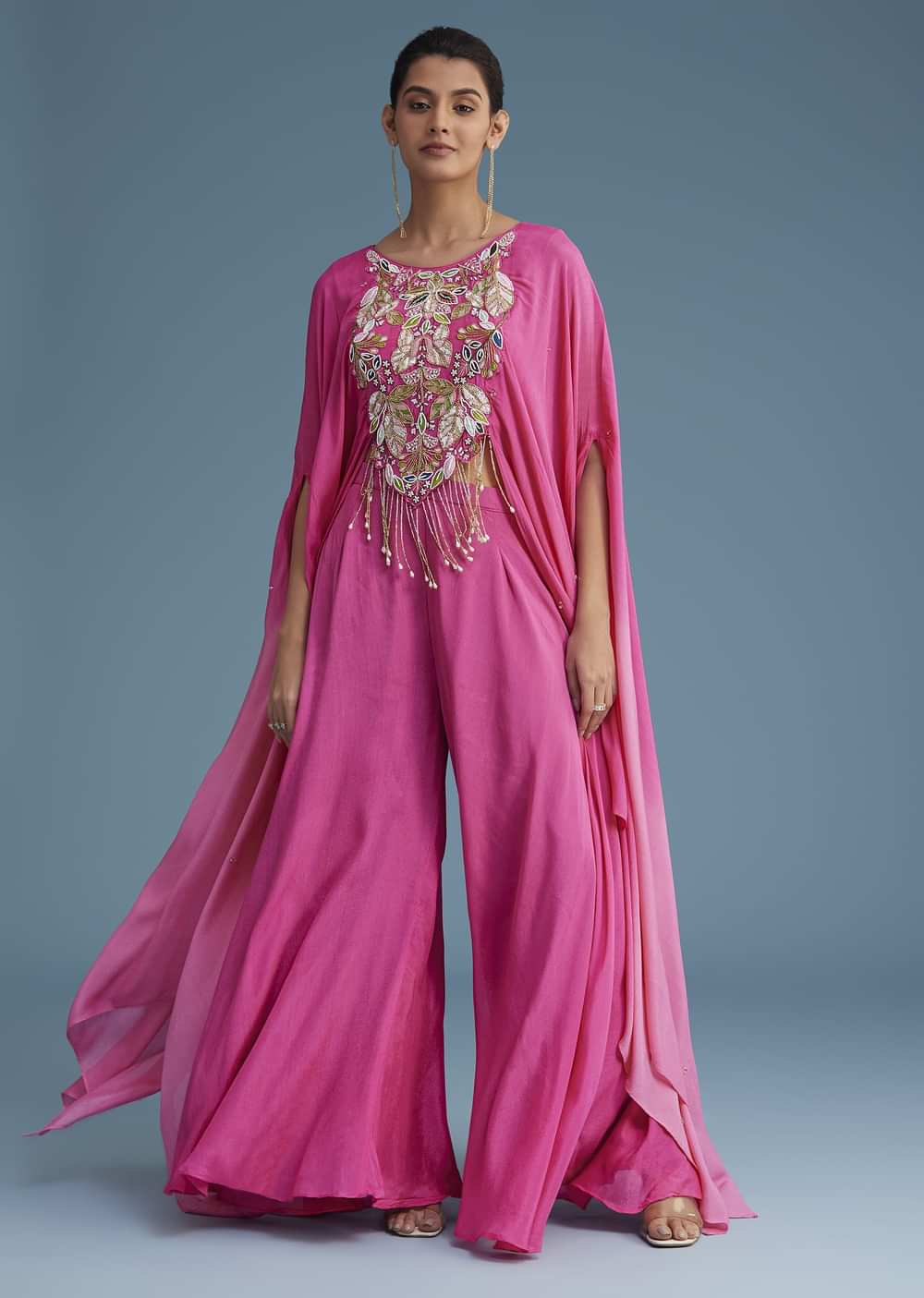 Pink Georgette Crepe Palazzo Set With Tassel Detail Croptop
