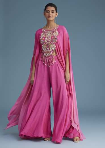 Pink Georgette Crepe Palazzo Set With Tassel Detail Croptop