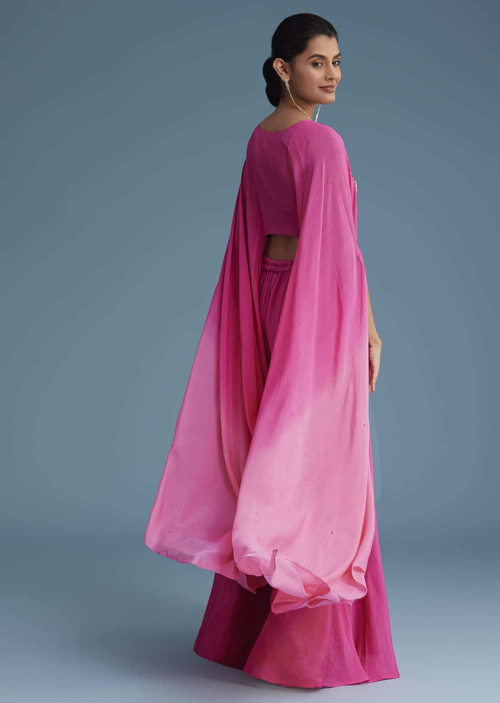 Pink Georgette Crepe Palazzo Set With Tassel Detail Croptop