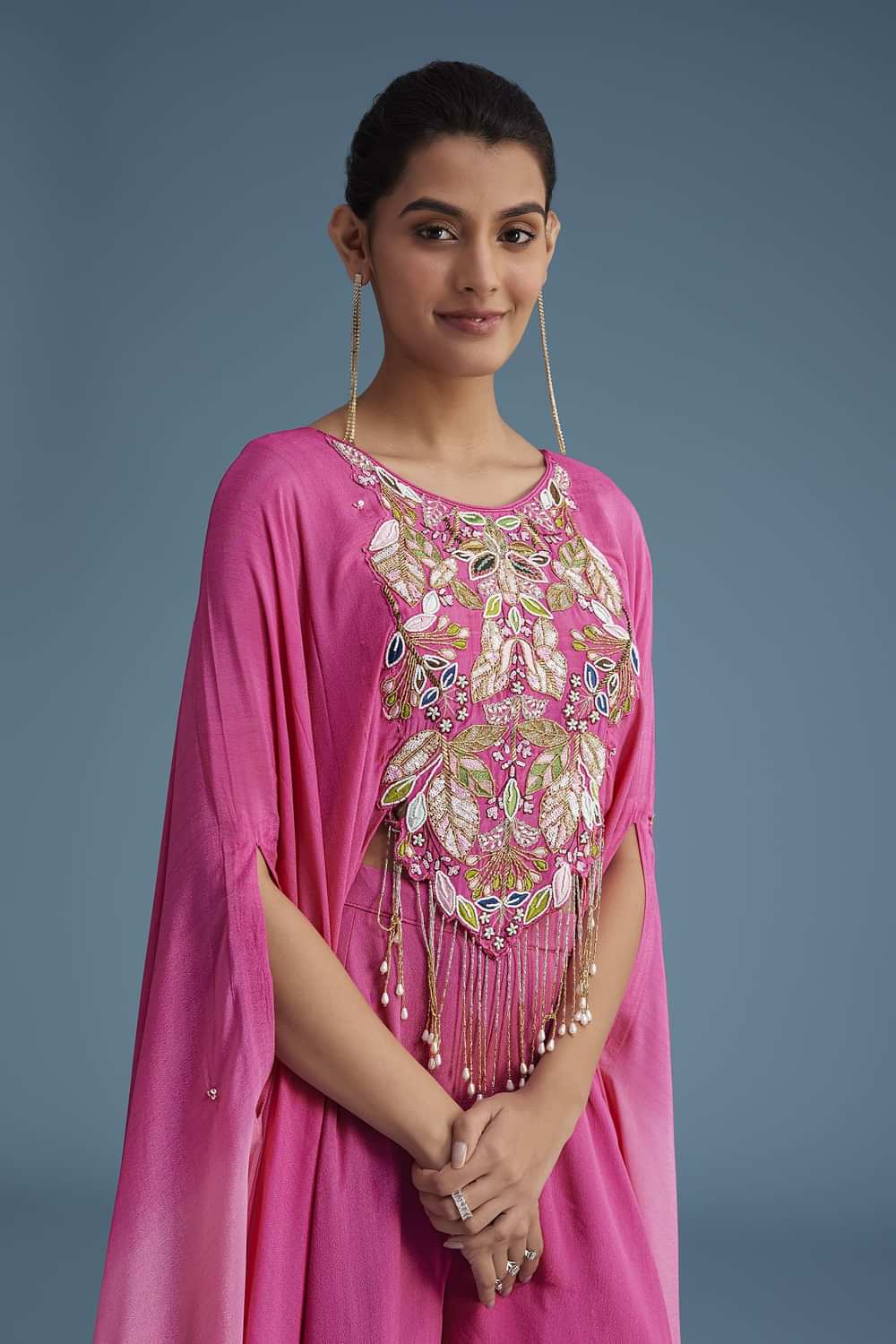 Pink Georgette Crepe Palazzo Set With Tassel Detail Croptop