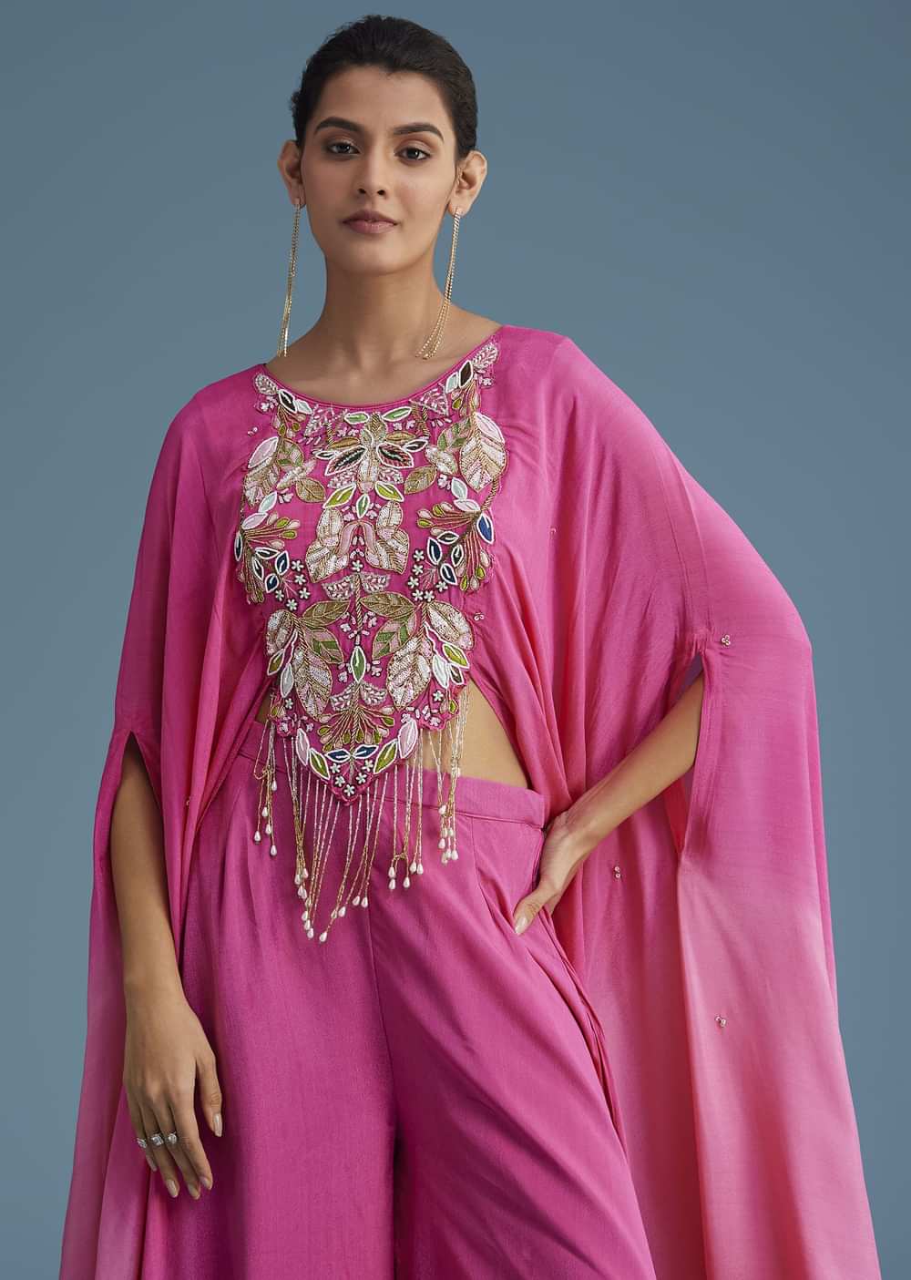 Pink Georgette Crepe Palazzo Set With Tassel Detail Croptop