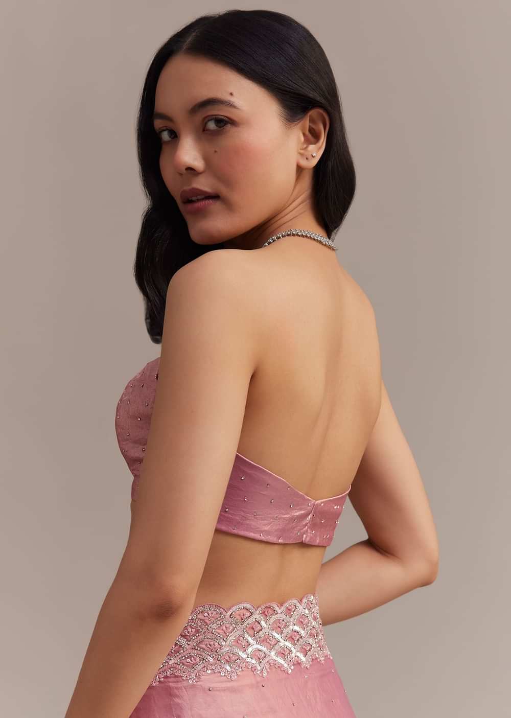 Pink Glass Tissue Saree With Sequins And Moti Embroidered Border