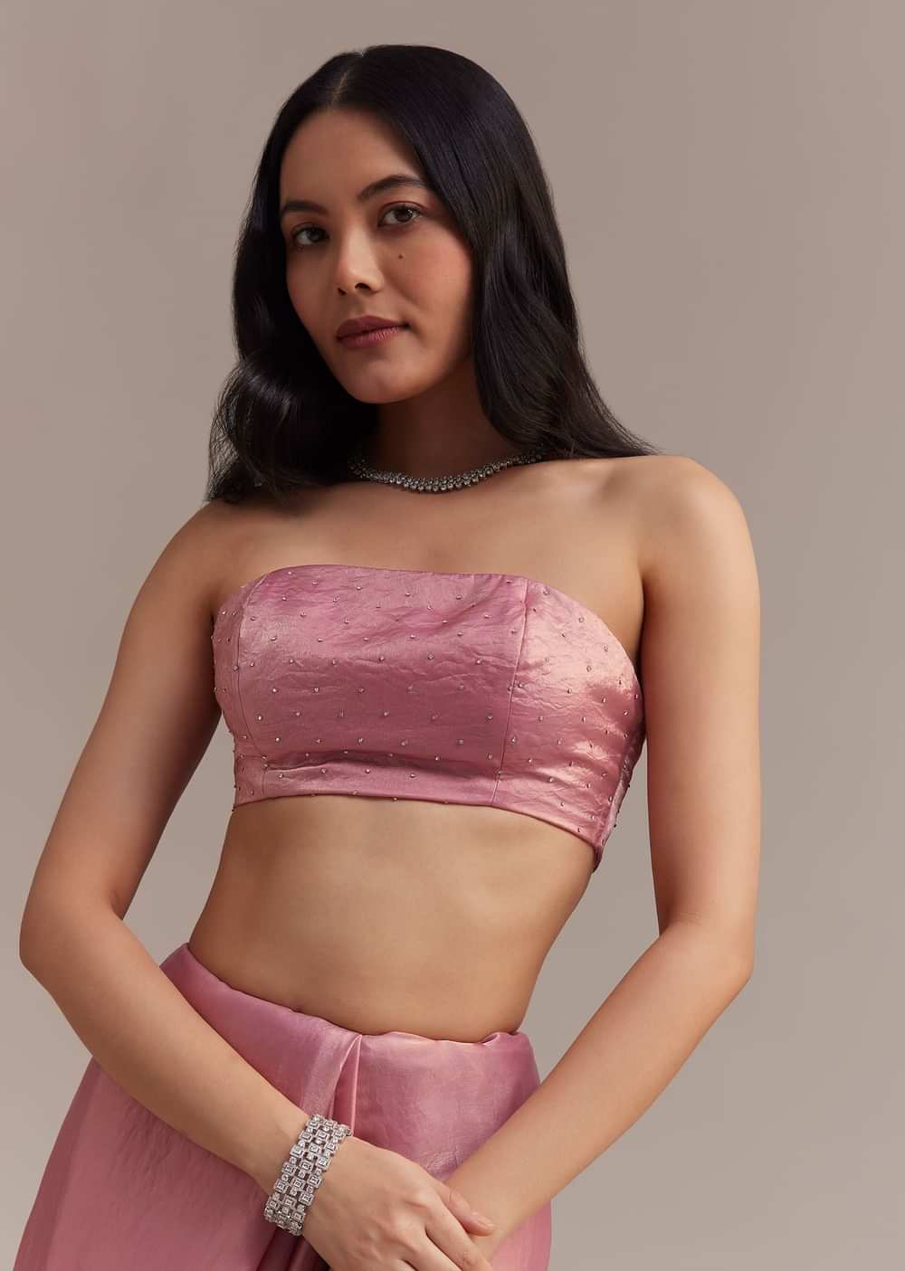 Pink Glass Tissue Saree With Sequins And Moti Embroidered Border