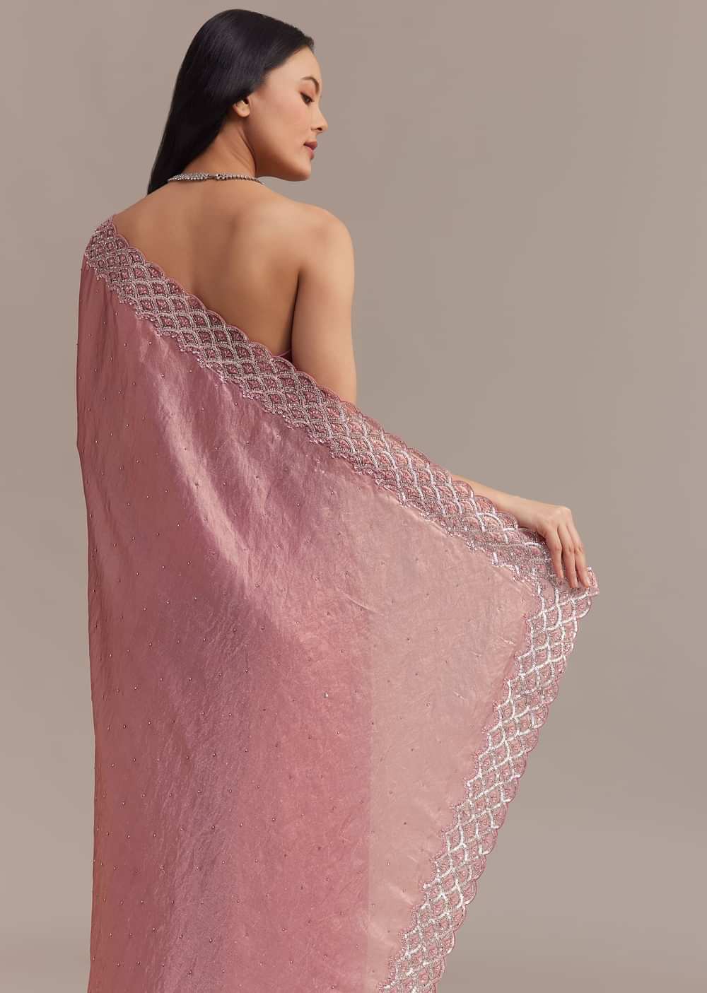 Pink Glass Tissue Saree With Sequins And Moti Embroidered Border