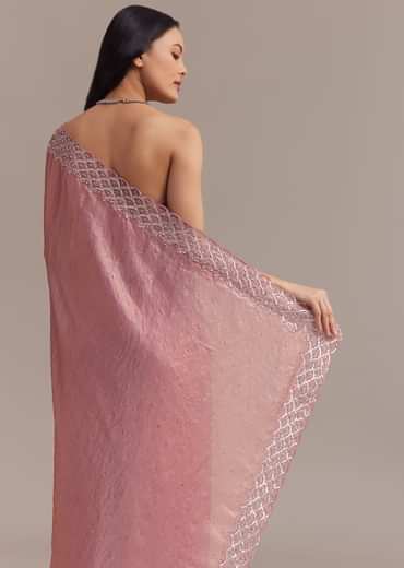 Pink Glass Tissue Saree With Sequins And Moti Embroidered Border