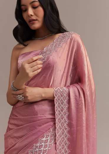 Pink Glass Tissue Saree With Sequins And Moti Embroidered Border