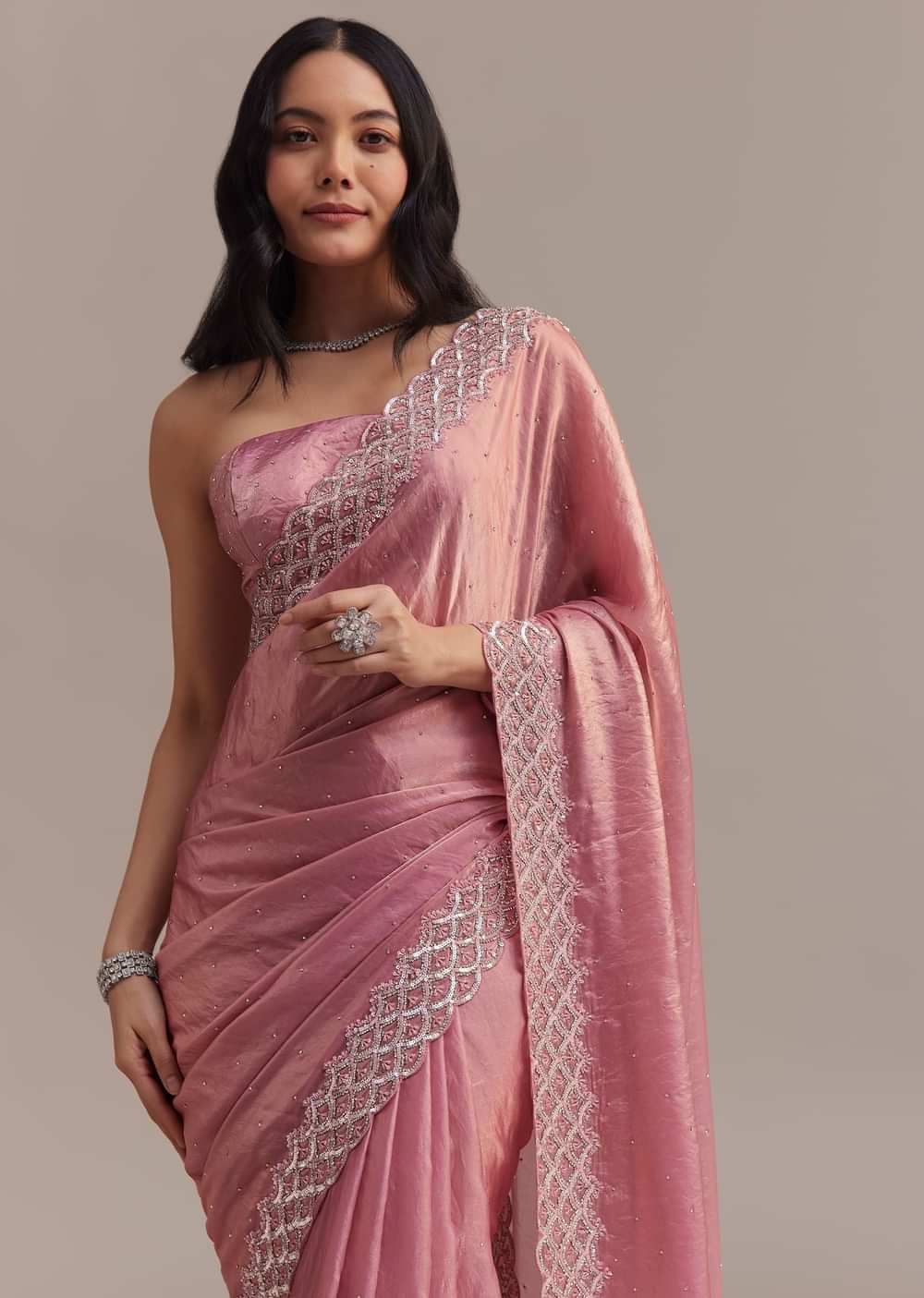 Pink Glass Tissue Saree With Sequins And Moti Embroidered Border