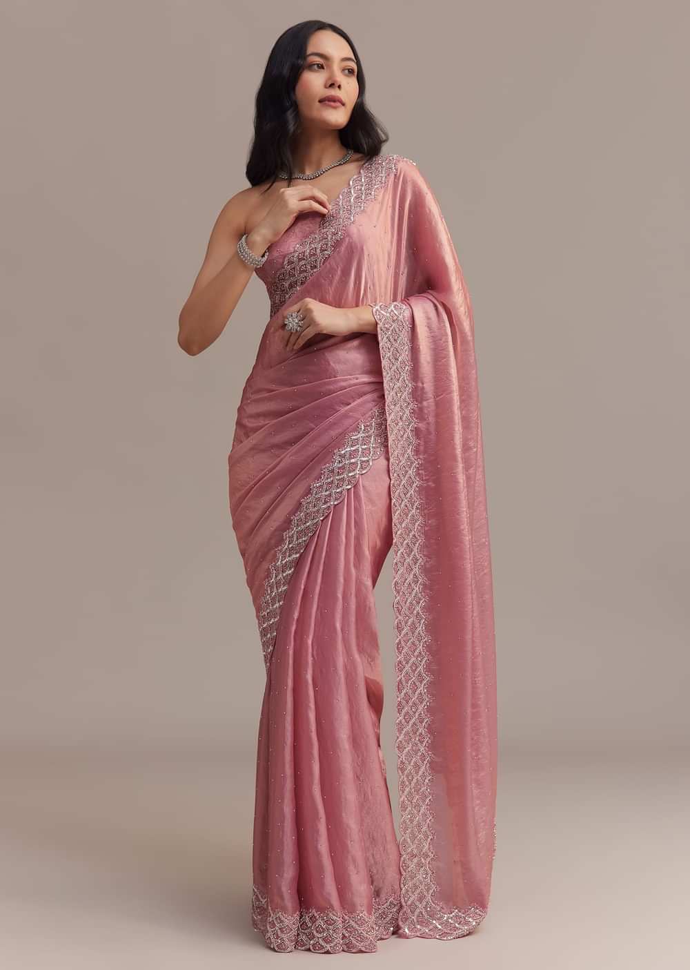 Pink Glass Tissue Saree With Sequins And Moti Embroidered Border