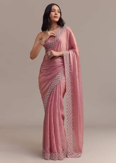 Pink Glass Tissue Saree With Sequins And Moti Embroidered Border