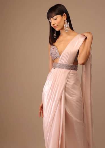 Candy Pink Organza Saree With A Heavily Embroidered Bustier And Belt