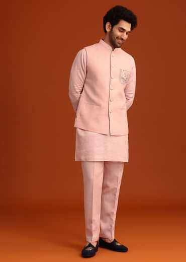 Pink Hand Embroidered Jacket And Kurta Set In Linen