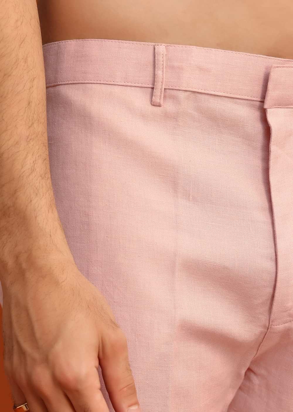 Pink Hand Embroidered Jacket And Kurta Set In Linen