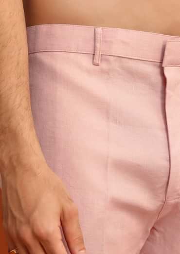 Pink Hand Embroidered Jacket And Kurta Set In Linen