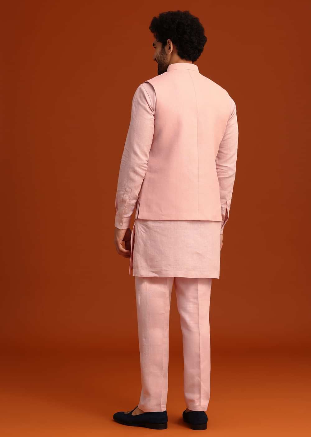 Pink Hand Embroidered Jacket And Kurta Set In Linen