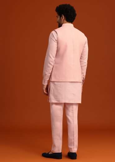 Pink Hand Embroidered Jacket And Kurta Set In Linen