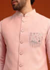 Pink Hand Embroidered Jacket And Kurta Set In Linen