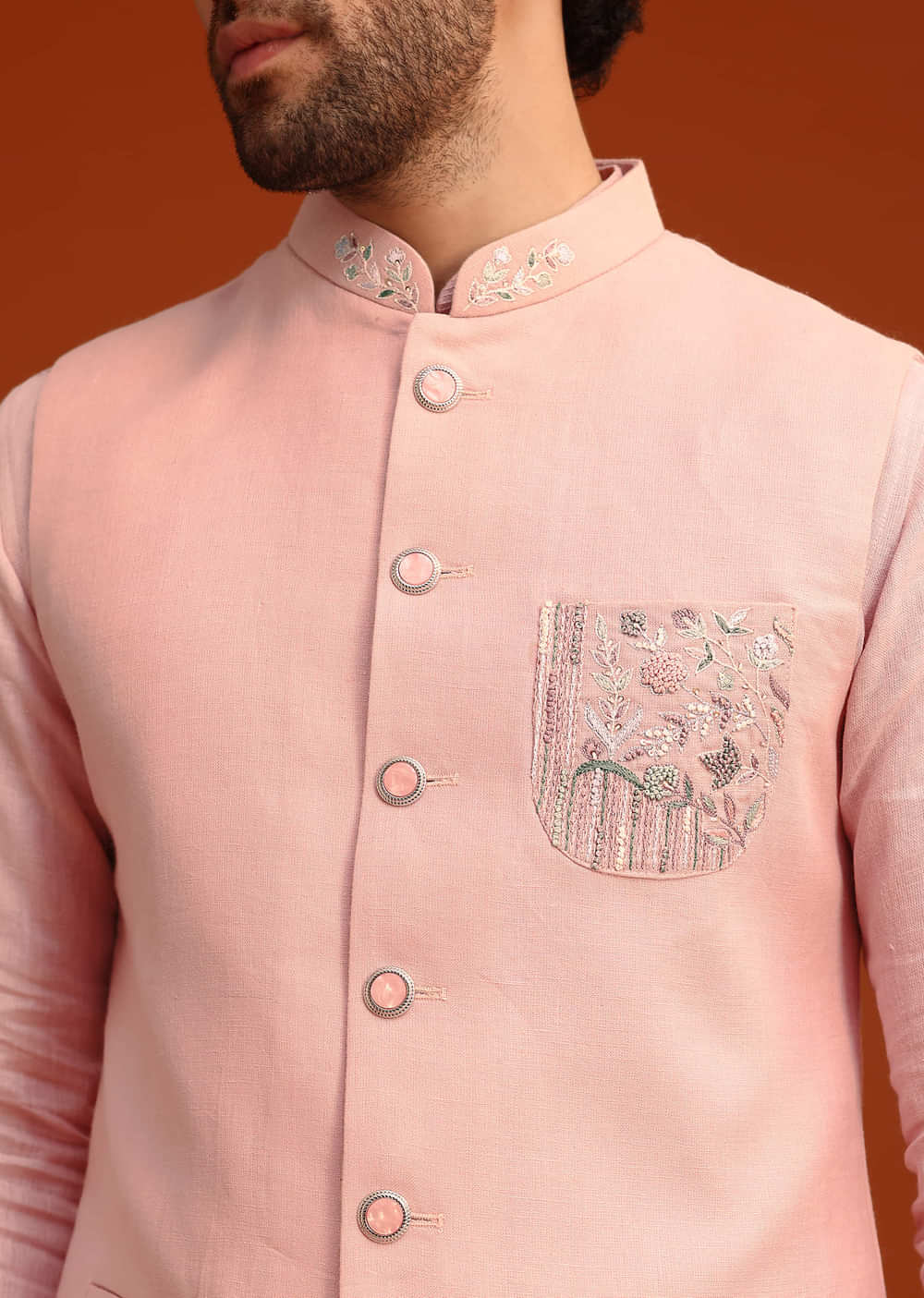 Pink Hand Embroidered Jacket And Kurta Set In Linen
