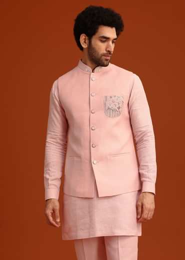 Pink Hand Embroidered Jacket And Kurta Set In Linen