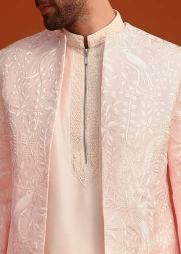 Pink Indo-Western Jacket And Kurta Set In Silk With French Knots