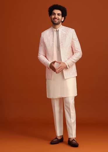Pink Indo-Western Jacket And Kurta Set In Silk With French Knots