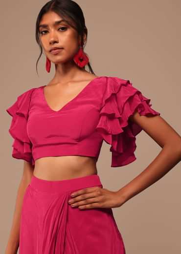 Pink Indo-western Saree And Layered Sleeves Blouse Set In Crepe