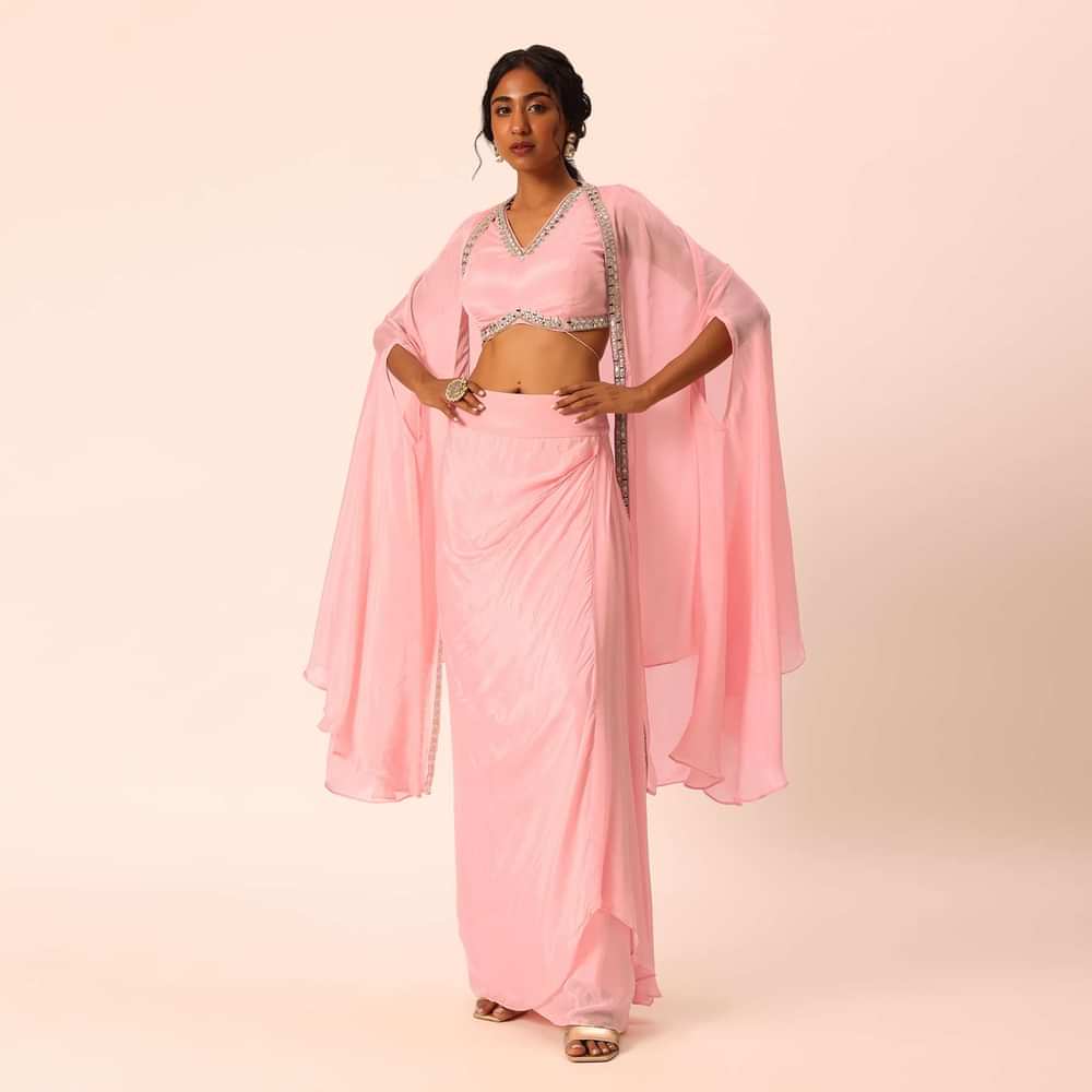 Pink Jacket And Dhoti Set With Mirror Work