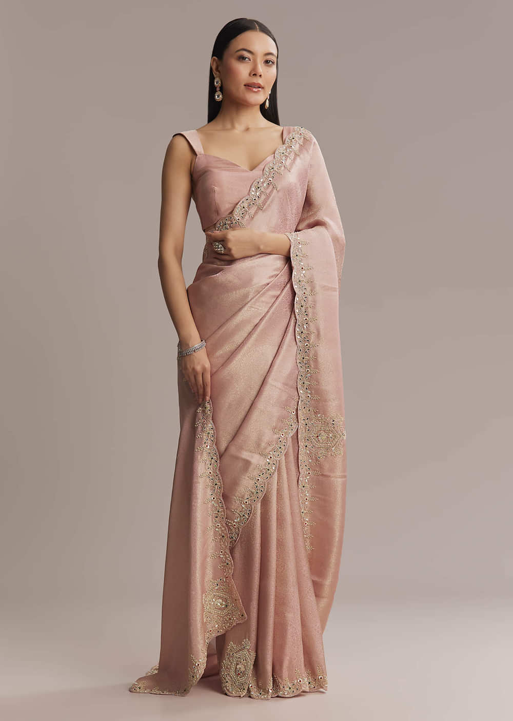 Pink Jacquard Saree With Zardosi And Stone Embroidery